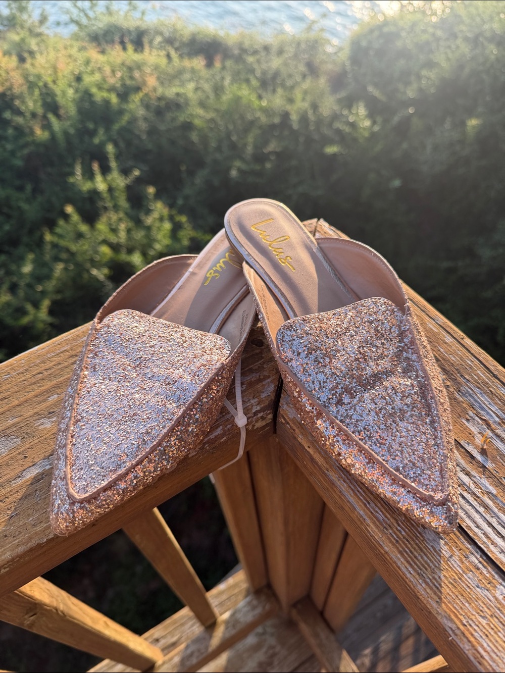 Lulu's Rose Gold Glitter Pointed Mule Slides